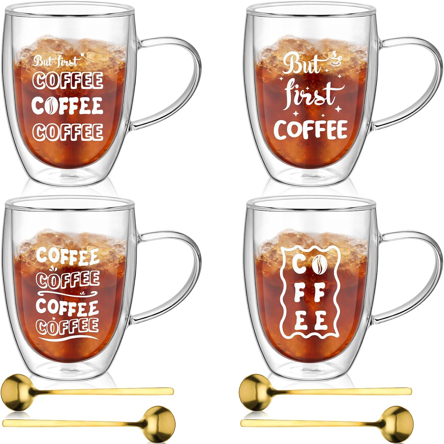 Yaomiao Paquete de 4 tazas de café transparentes con cuchara de 12 onzas, vasos aislados de doble pared con asa, resistentes al calor, té, vino,
