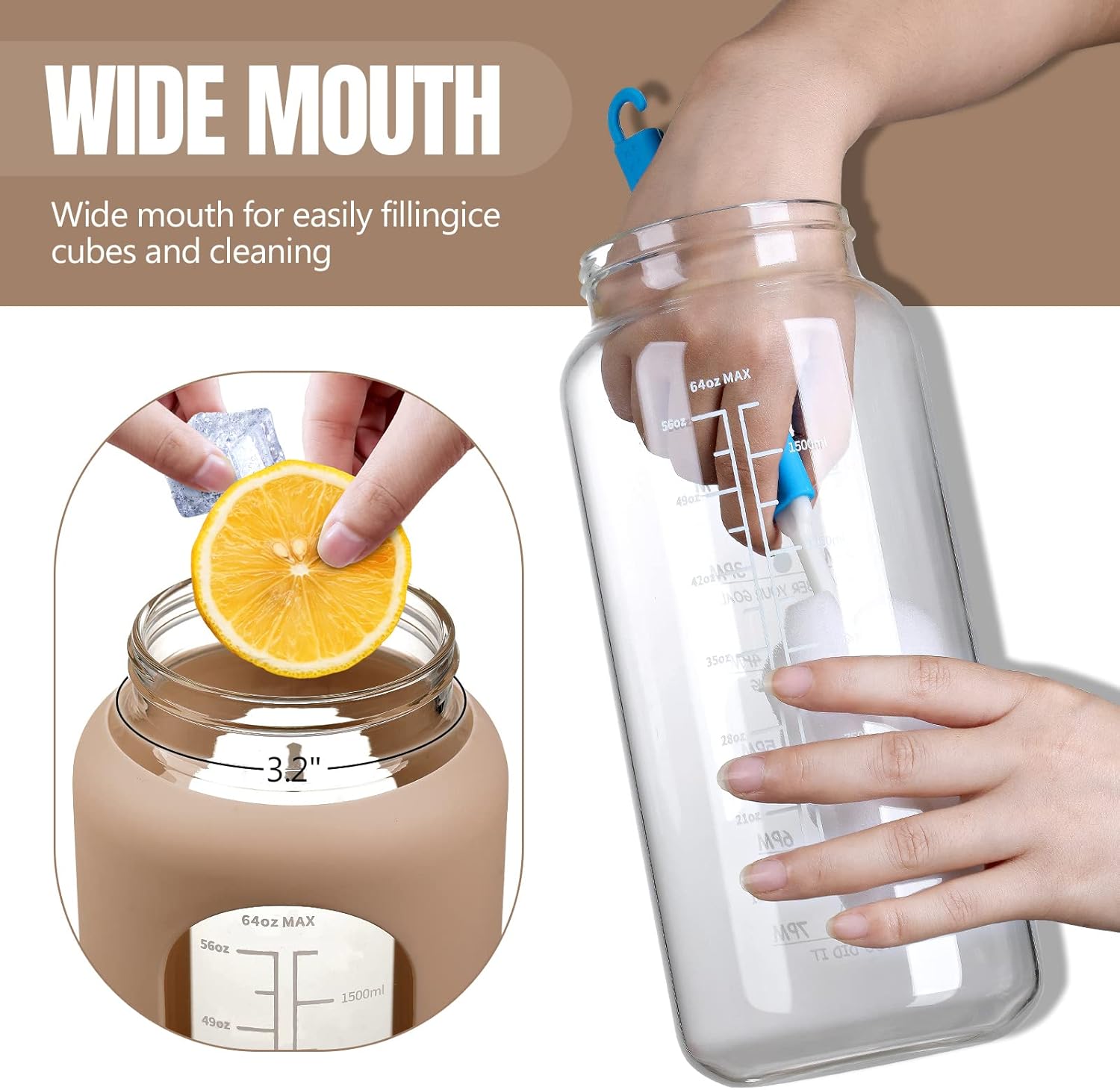 MUKOKO Botellas de agua de vidrio de 64 onzas con popote, botella de agua de medio galón con marcador de tiempo, botella de agua motivacional con