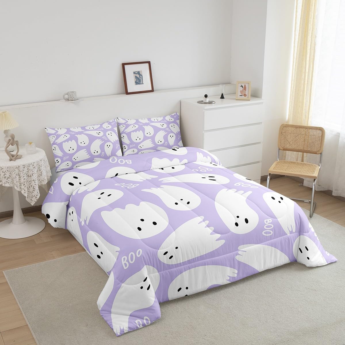 Juego de edredón para niños y niñas, estilo caricatura, color morado, tamaño matrimonial, juego de edredón de fantasmas kawaii, decoración de