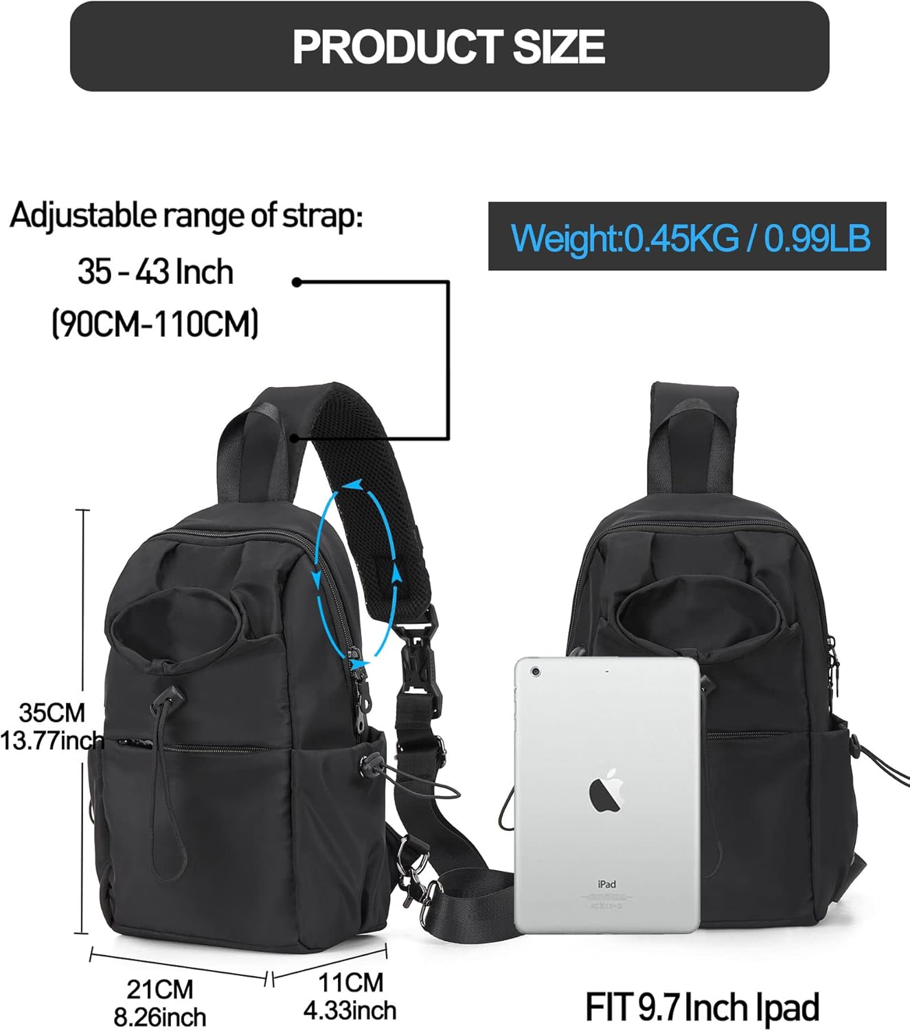 Black Sling Crossbody Bag for Men Women, Tactical Backpack Shoulder Daypack Mini Anti-Theft Motorcycle Chest Bags, Small One Strap Backpack for