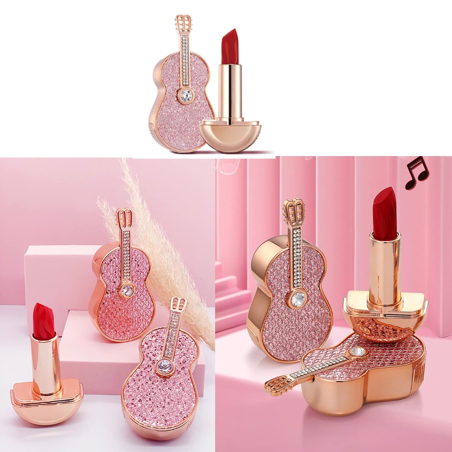 LELEBEAR Lápiz labial Rainbow Guitar – Lápiz labial de guitarra – 3 colores en 1 – Lápiz labial de terciopelo hidratante mate con forma de guitarra