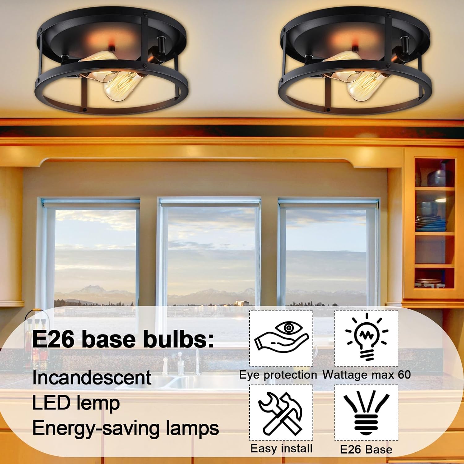 4 luces de techo de montaje empotrado, luces de granja negras industriales de metal para dormitorio, entrada, pasillo, cocina, base E26, bombillas