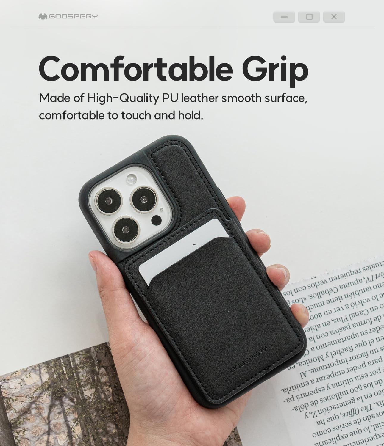 GOOSPERY Balance Fit – Funda para 5 tarjetas, compatible con iPhone 15 Pro, de doble capa, ligera, ultra delgada, de piel sintética cierre magnético
