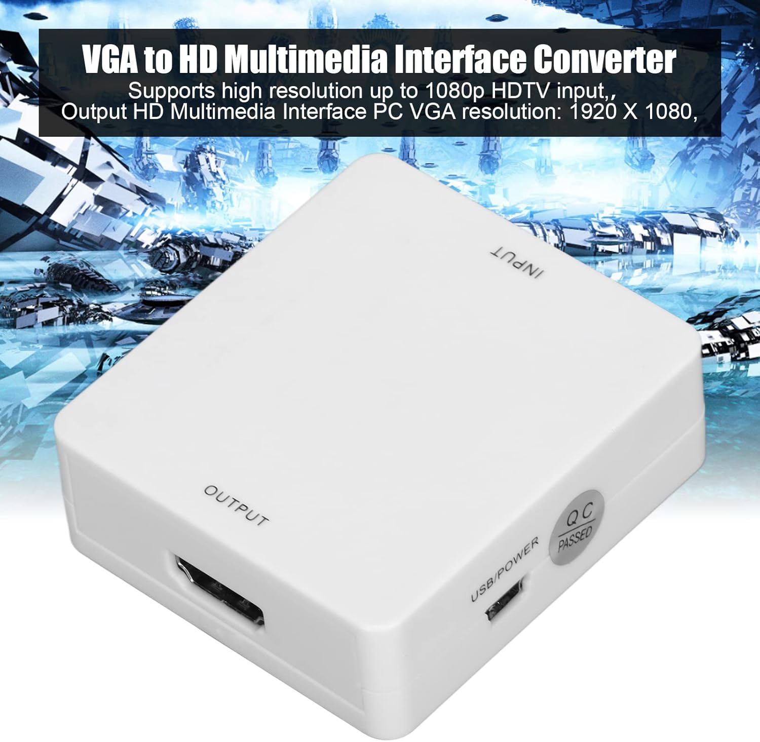Convertidor de audio y video VGA a HDMI, 1080P Full HD Mini caja adaptadora con cable USB y cable de puerto de audio de 0.138 in, compatible con