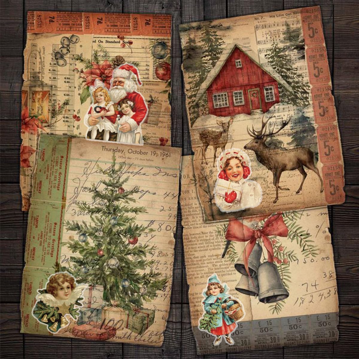 100 calcomanías navideñas que no se repiten, retro, Papá Noel, decoración de Navidad, calcomanías impermeables para álbumes de recortes, tarjetas,