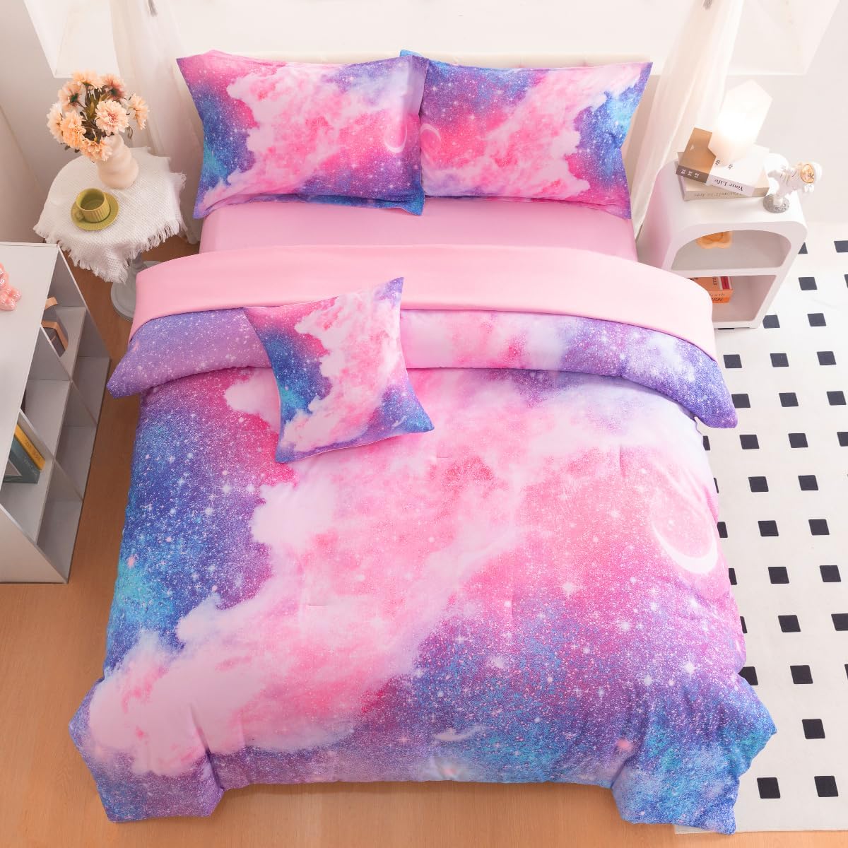 Galaxy – Juego de ropa de cama individual para niñas, juego de edredón de 6 piezas con sábanas, juego de ropa de cama con purpurina rosa y morado