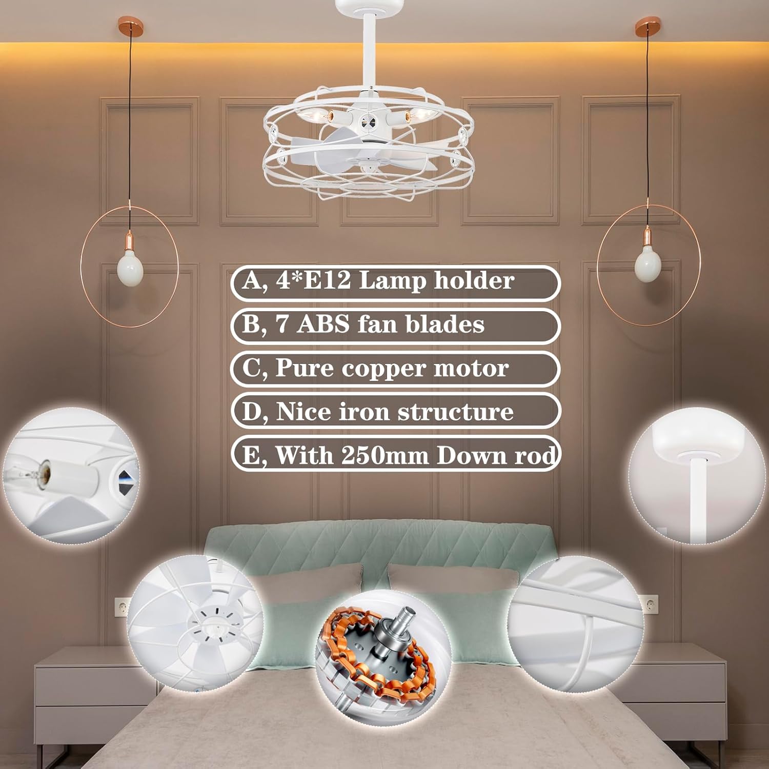 Duckbeer Ventilador de techo cerrado con luz, ventilador de techo vintage enjaulado con control remoto, 4 bombillas E12 para porche, patio, cocina,