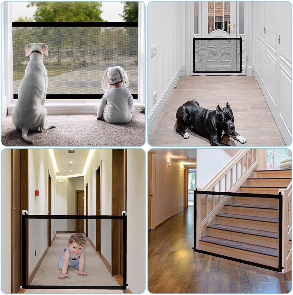 Paquete de 2 puertas para perros para interiores, escaleras para mascotas, portones plegables portátiles de malla de seguridad, puertas de malla de