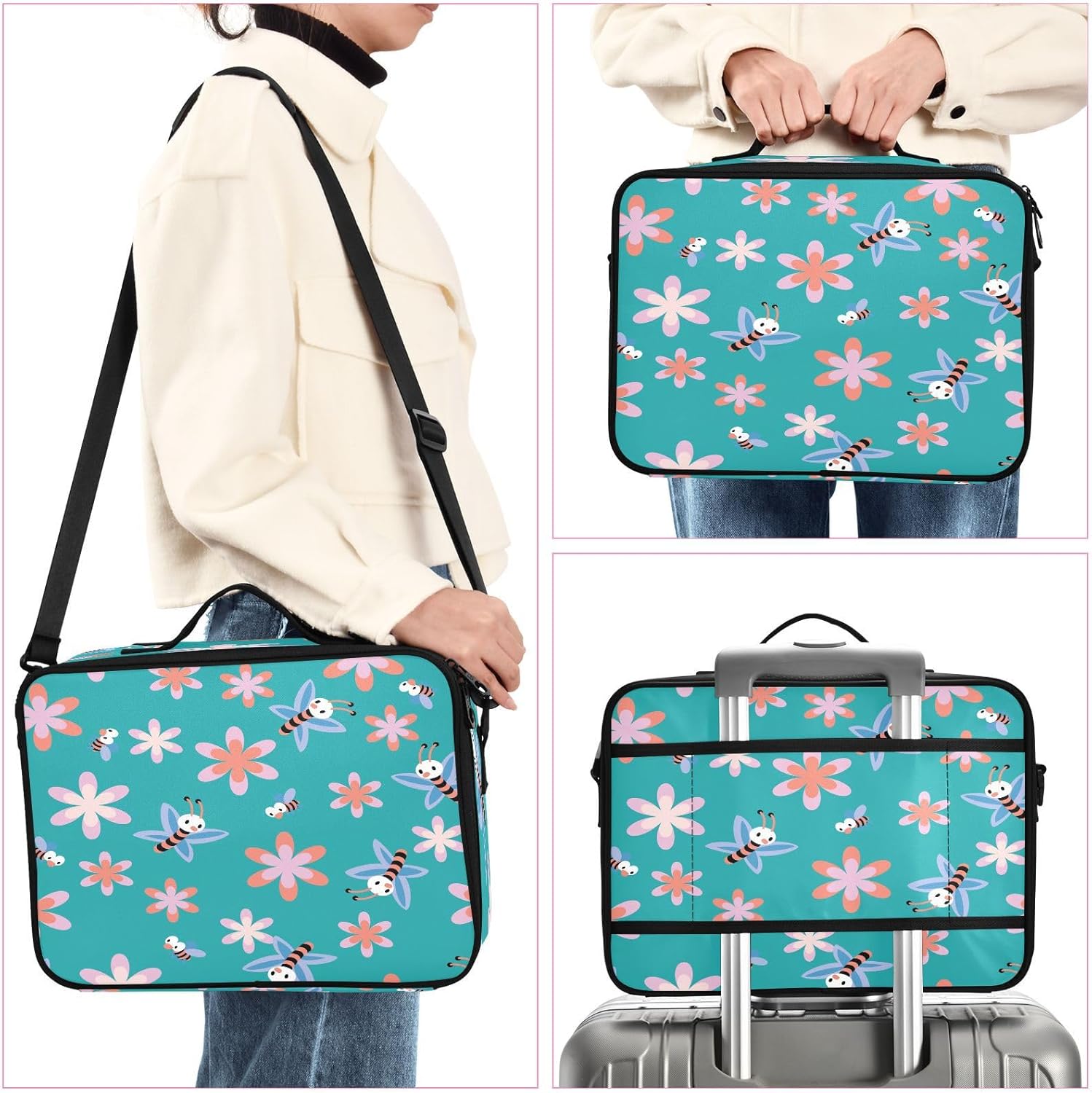 Bee Cartoon Turquoise Flower travel cosmetic bags for women toiletries travel make up bag women portable travel makeup bolsa cosmetiqueras para