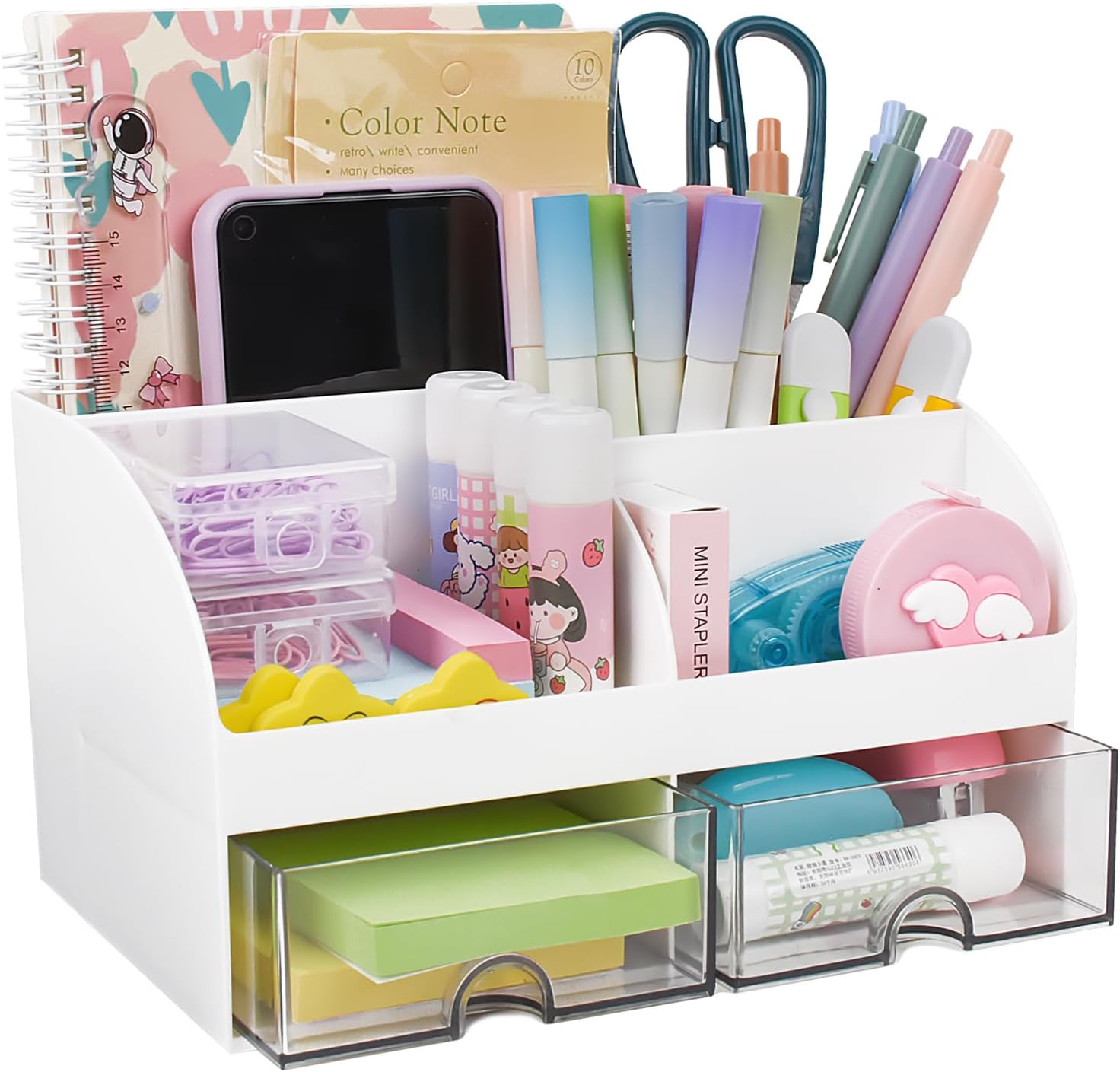 EASTVIO Organizador de escritorio con 2 cajones, soporte multifuncional para lápices, organizador de escritorio y accesorios, caja de almacenamiento