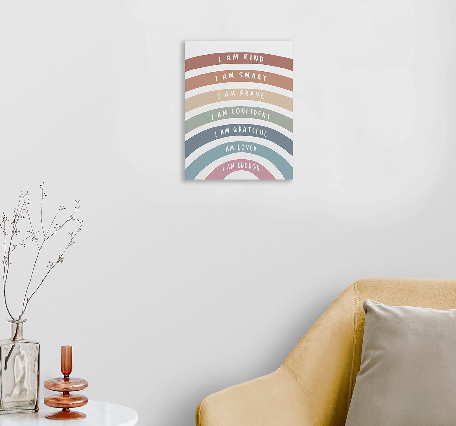 Lienzo enmarcado con texto en inglés “I Am Kind Smart Brave Positive Affirmations – Decoración de pared de 11 x 14 pulgadas, diseño bohemio de arco