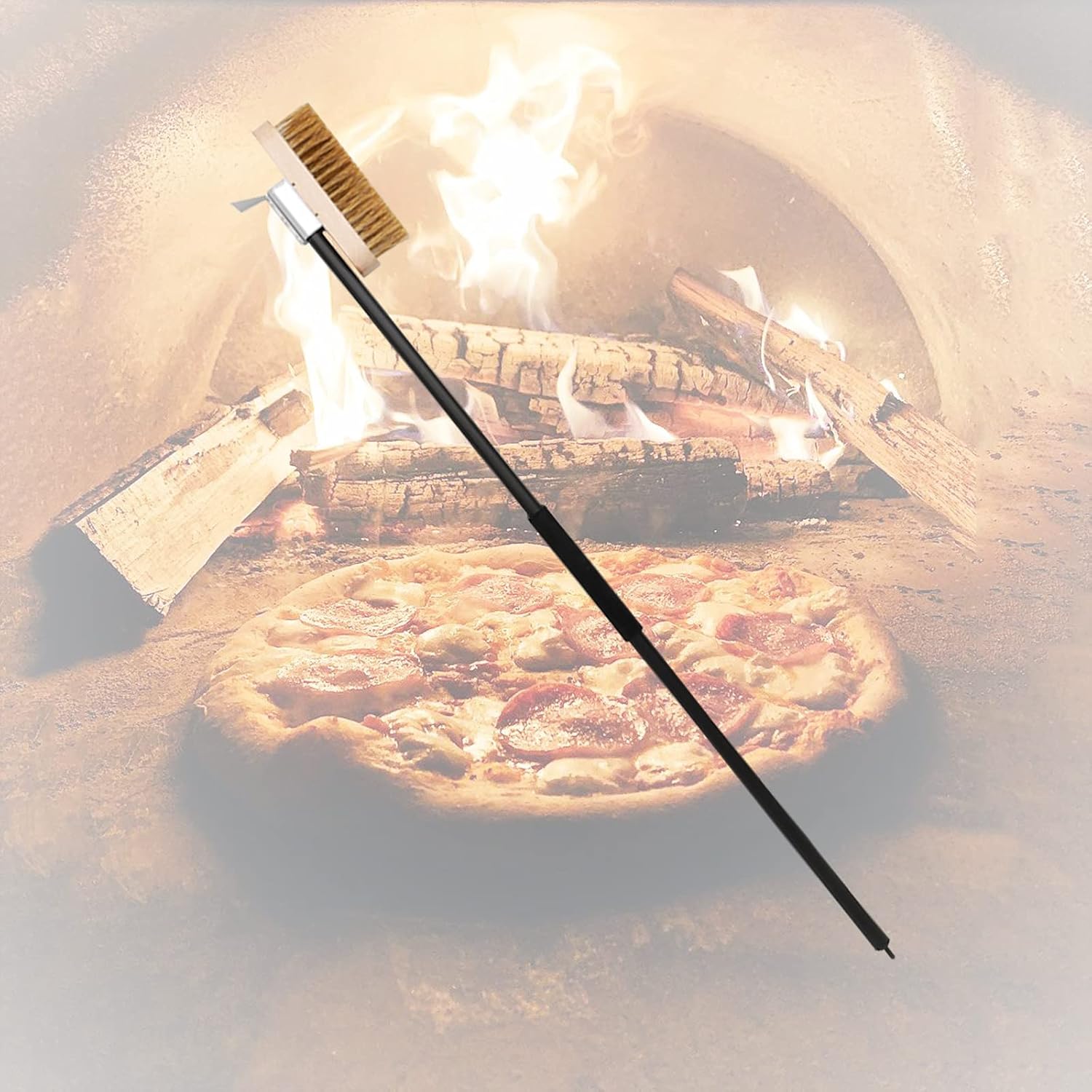 PARTYON Cepillo de limpieza para horno de pizza, cerdas de latón más gruesas y más gruesas con raspador de metal