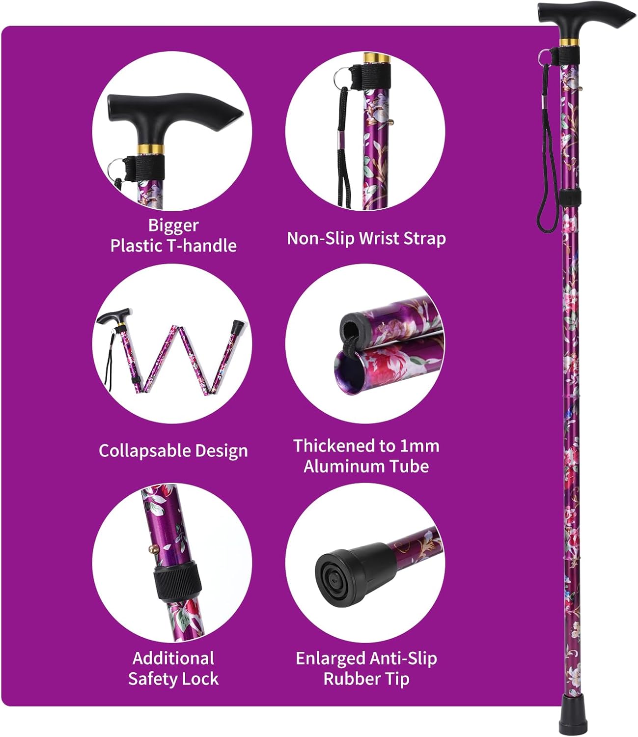 Walking Cane ANCKNE Cane para mujer  Ligero, altura ajustable de 5 niveles y bastones plegables de aluminio para personas mayores  Mango ergonómico