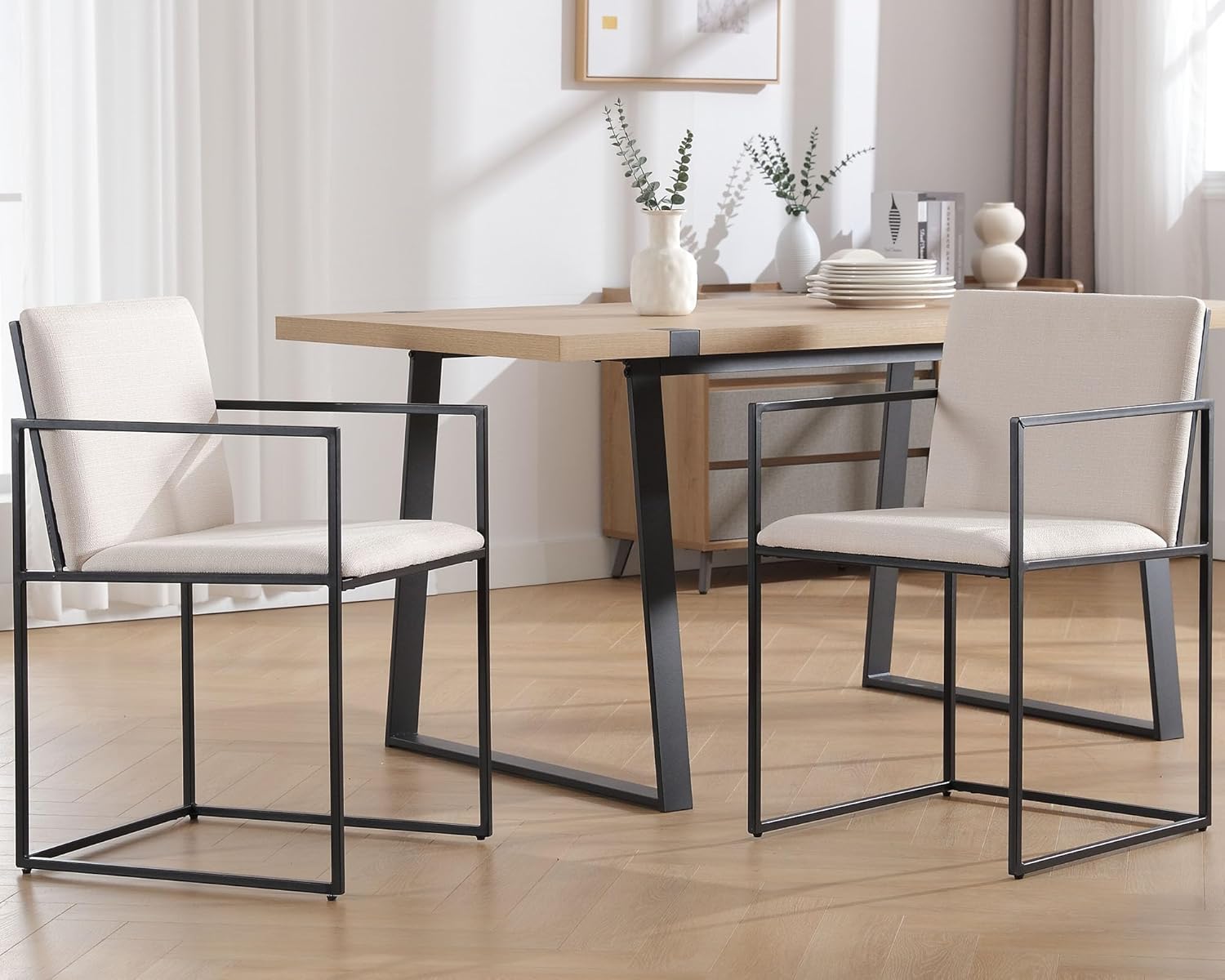 VESCASA Sillas de comedor de lino con patas de metal negro, sillas de comedor modernas con respaldo para cocina, comedor, juego de 2, beige