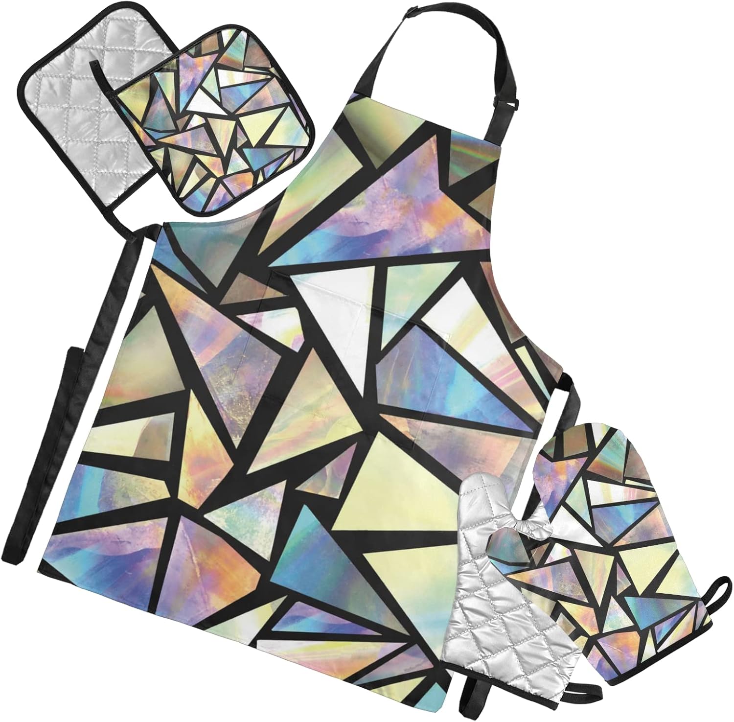xigua Juego de ropa de cocina con triángulos iridiscentes, delantal de cocina abstracto, 2 agarraderas, 2 guantes de horno, accesorios de cocina