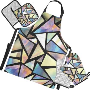 xigua Juego de ropa de cocina con triángulos iridiscentes, delantal de cocina abstracto, 2 agarraderas, 2 guantes de horno, accesorios de cocina xigua Juego de ropa de cocina con triángulos iridiscentes, delantal de cocina abstracto, 2 agarraderas, 2 guantes de horno, accesorios de cocina