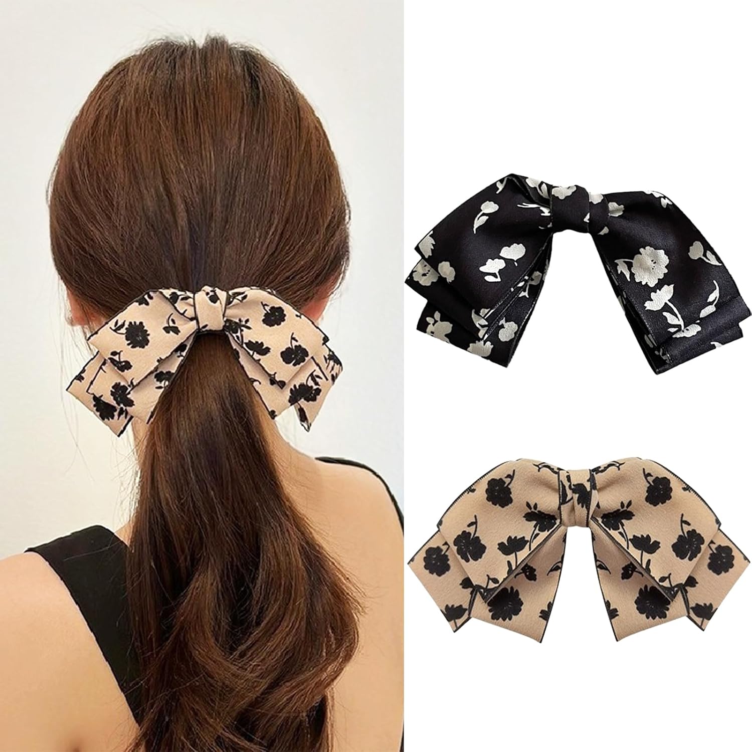 auwiyd 2 pinzas para el cabello con estampado de flores, lazo para la cola de cinta, horquilla floral para mujeres y niñas, accesorios para el