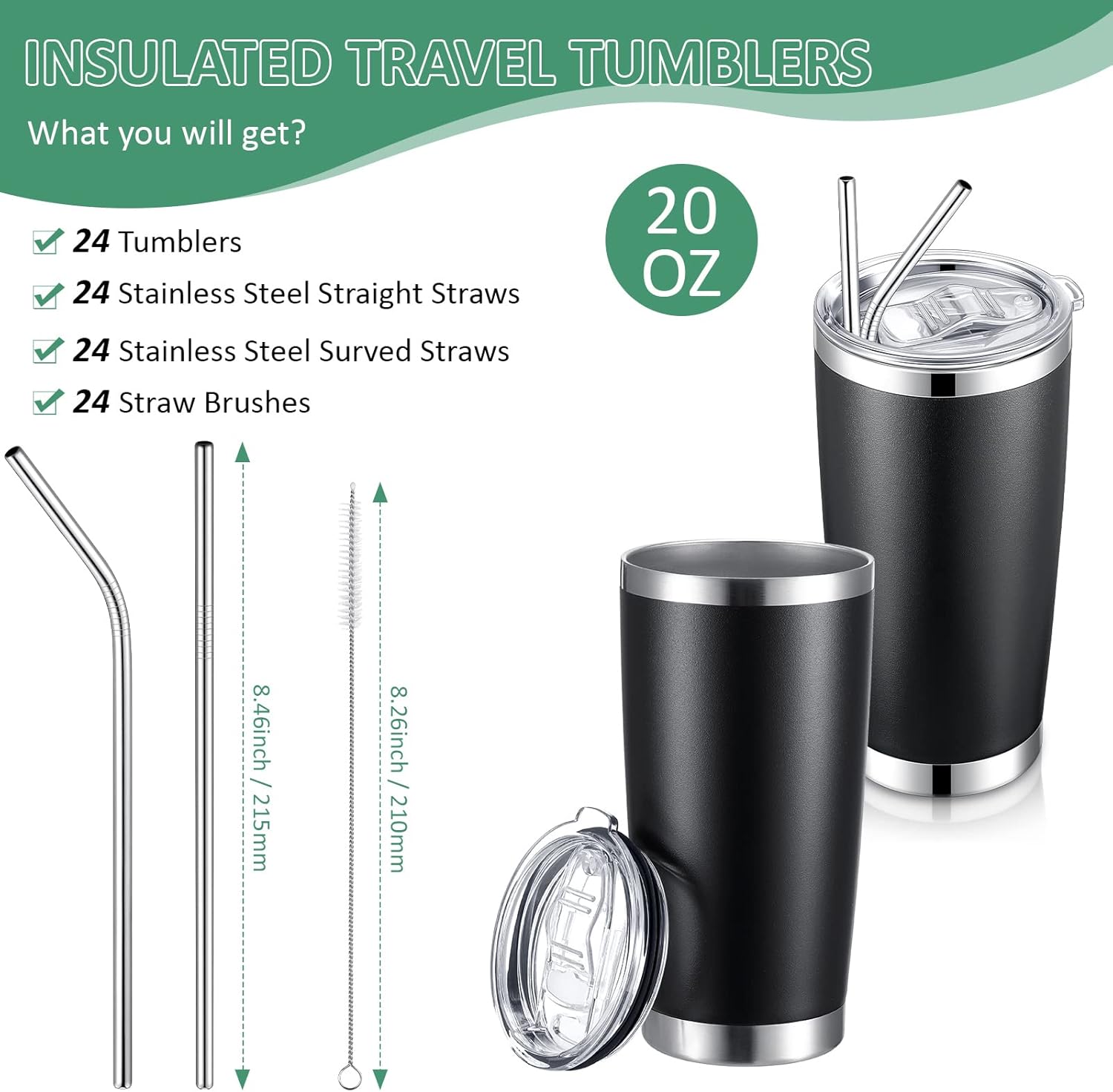 Paquete de 24 vasos de viaje aislados de 20 onzas, vaso de viaje al vacío de doble pared con tapa y pajita, tazas de café de doble pared de acero