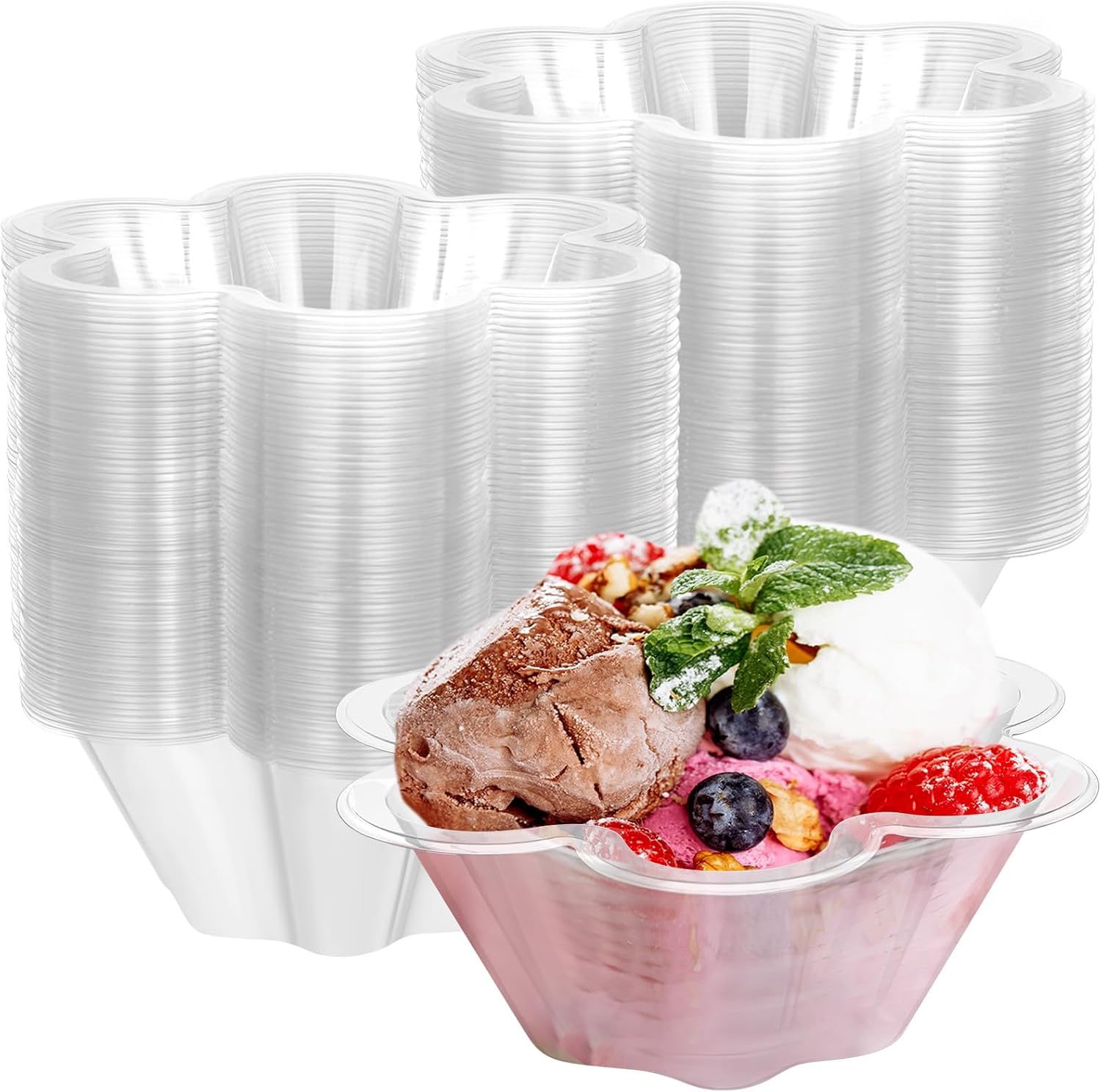 Sratte 300 cuencos de plástico para helado, taza de helado desechable en forma de flor, taza de helado transparente de 8.5 onzas, recipientes de