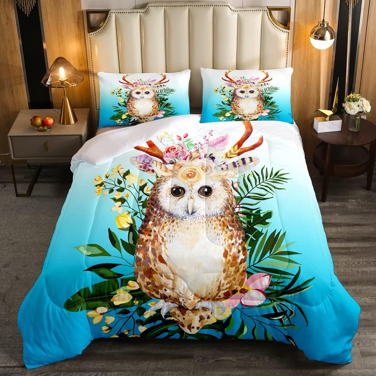 Erosebridal Juego de edredón de búho, edredón de plumón de flores amarillas y rosas, juego de ropa de cama tamaño Queen con bonito diseño de pájaros