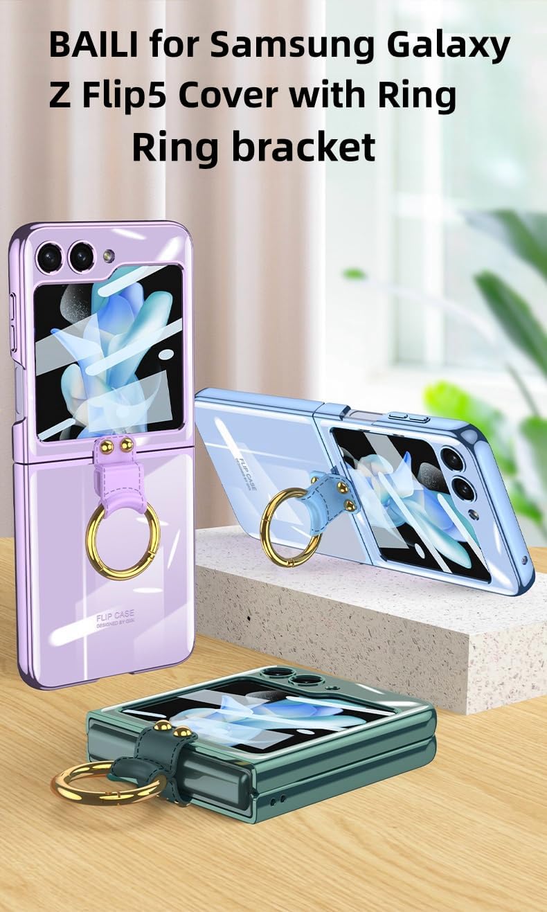 BAILI Funda transparente para Samsung Galaxy Z Flip5 con anillo, cristal duro para Galaxy Z Flip 5 con pantalla pequeña HD a prueba de explosiones