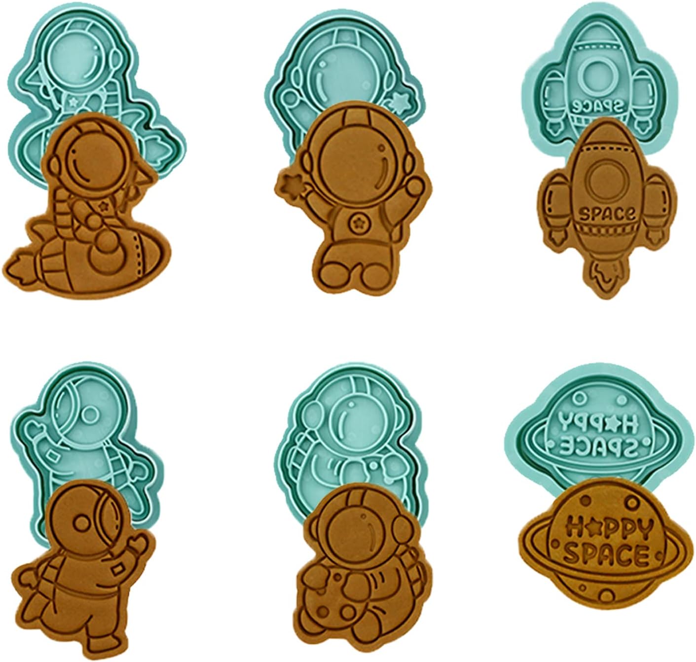 Astronaut – Juego de cortadores de galletas 3D con sellos de émbolo, 6 piezas de cortadores de galletas prensables de dibujos animados con forma