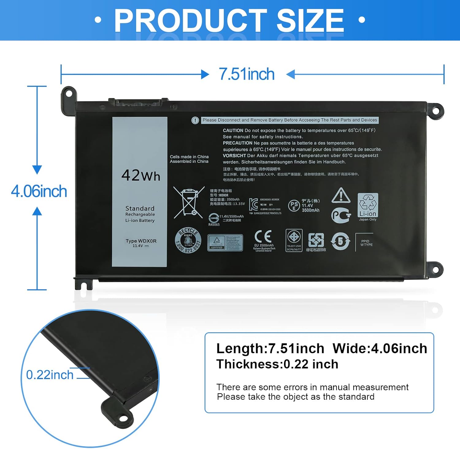 WDX0R 42Wh 11.4V – Batería para laptop Dell Inspiron 15 5000 7000 5378 7368 7378 5565 5567 5568 5578 7569 7579 5765 5767 3379 dell Inspiron 1 Serie