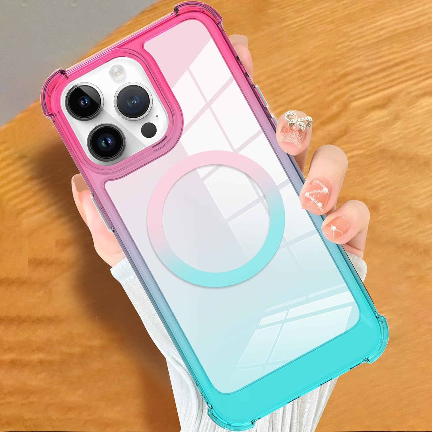 tharlet Funda transparente diseñada para iPhone 15 Pro compatible con MagSafe gradiente fluorescente antiamarilleo Funda magnética delgada a prueba