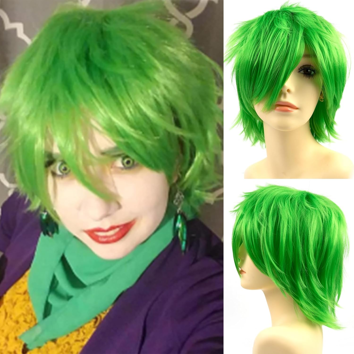 Rose bud Peluca de anime de Halloween verde para fiesta de cosplay, pelucas de pelo corto sintético en capas con flequillo, pelucas pastel para