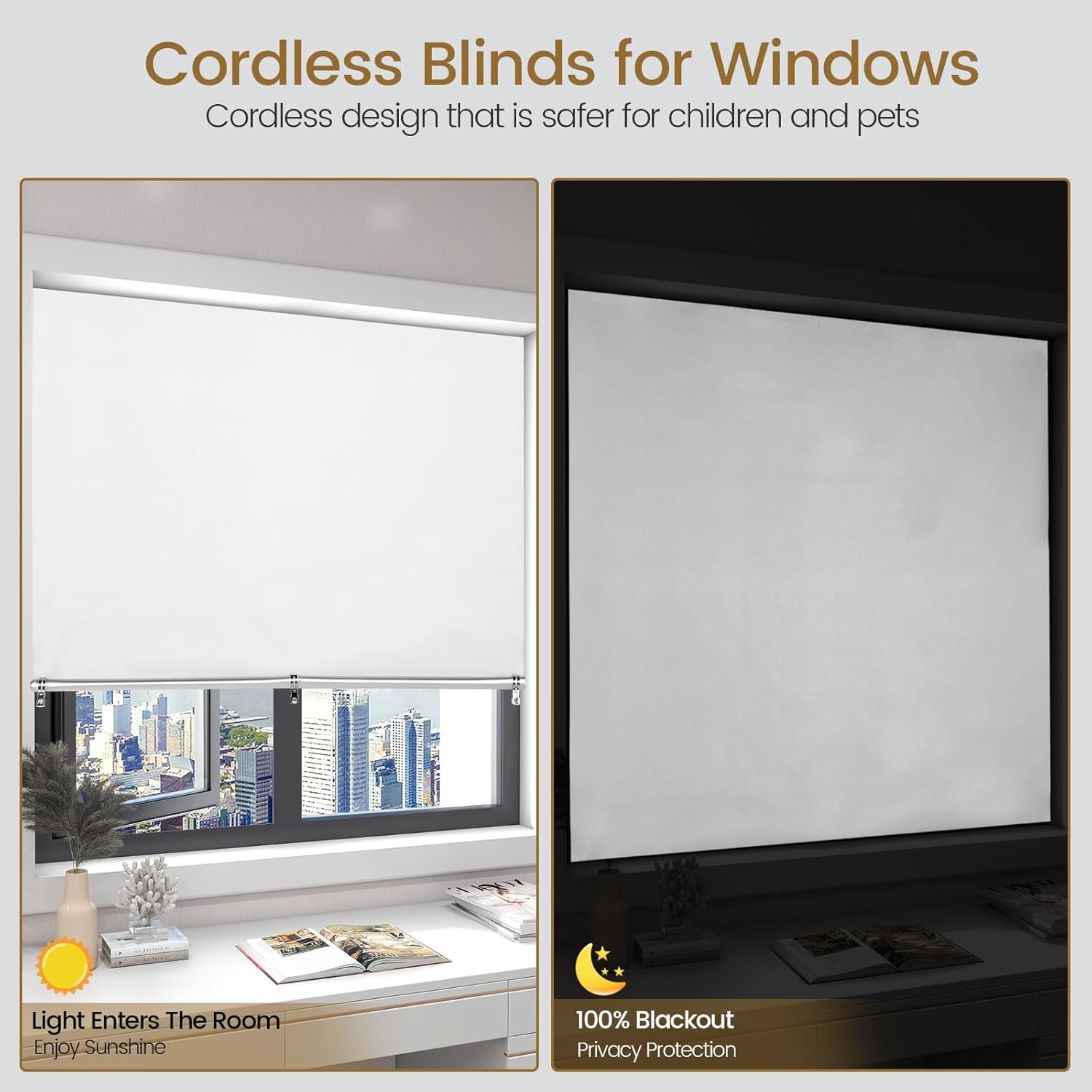 Persianas para ventanas, persianas enrollables 100% opacas, 36 x 72 pulgadas, sin cables, con cintas, sin taladro, persianas opacas de viaje,