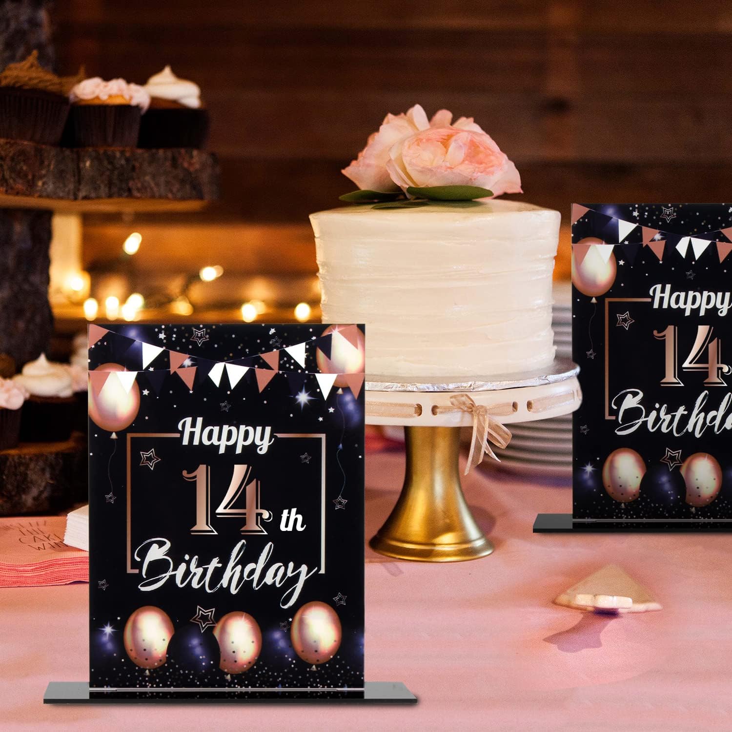 Centros de mesa acrílicos con globos negros y dorados de feliz 14 cumpleaños, 2 unidades de decoración de fiesta de cumpleaños de 14 años,