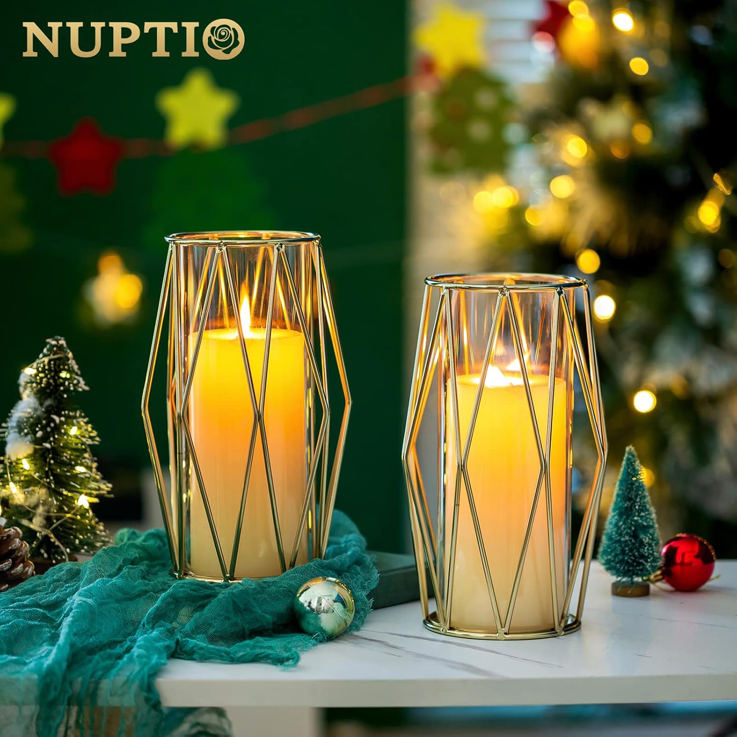 Nuptio Portavelas de pilar dorado 2 portavelas de cristal para huracanes con soporte geométrico de metal para centros de mesa de boda, fiesta de