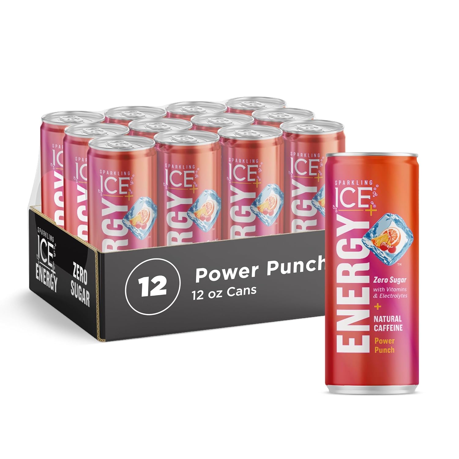 Sparkling Ice +ENERGY Power Punch Agua con gas. Bebidas energéticas con vitaminas y electrolitos, cero azúcar, latas de 12 onzas líquidas (paquete