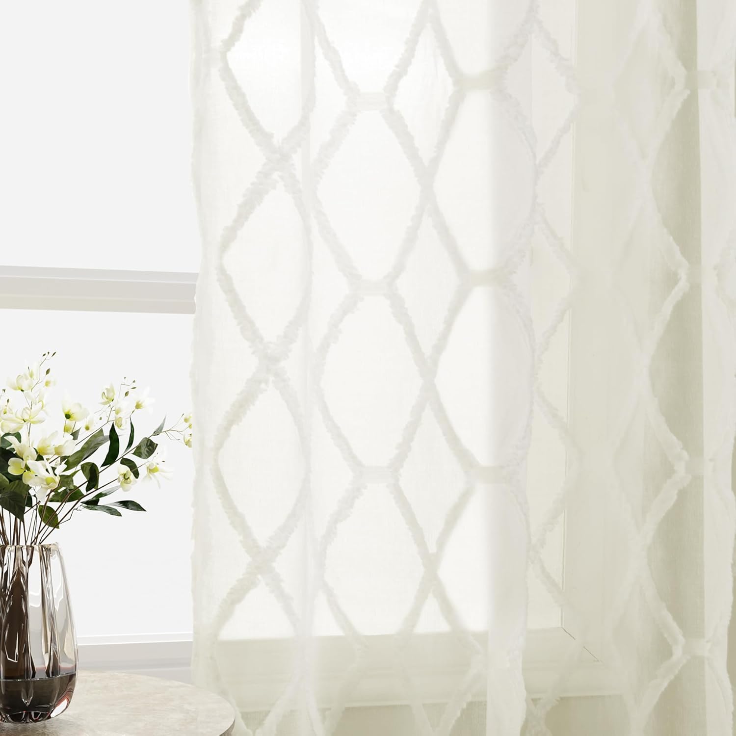 Hokibero 2 paneles de cortinas traslúcidas color crema bohemio de 90 pulgadas de largo para sala de estar, cortinas semitransparentes modernas y