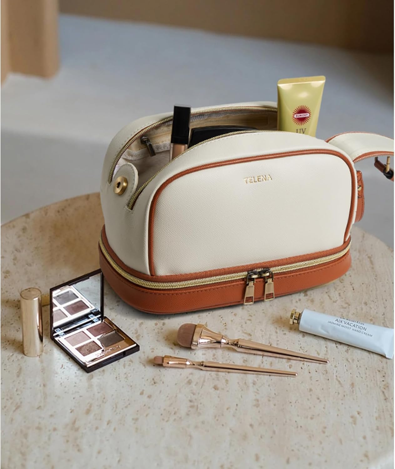 Telena Neceser de viaje para maquillaje, bolsas de cosméticos para mujeres, impermeable, de piel sintética, organizador portátil de gran capacidad,
