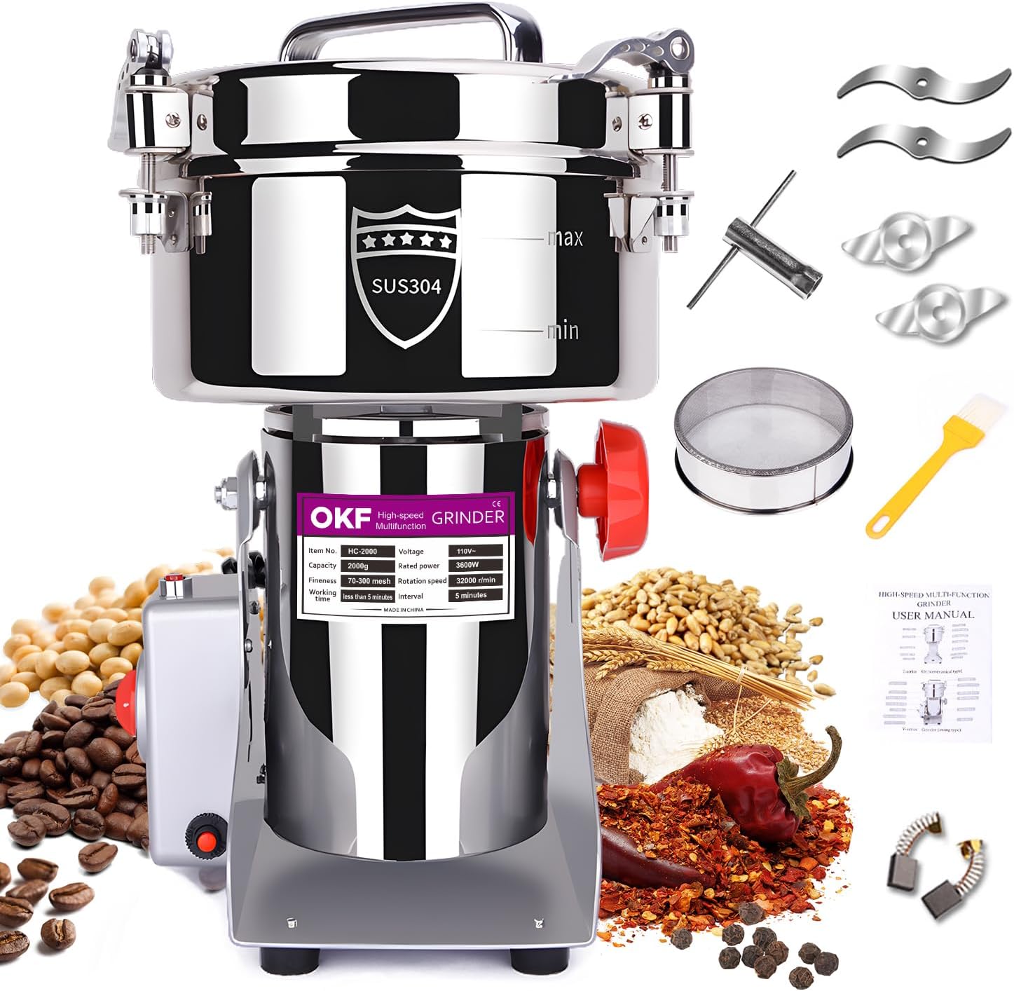 Molino de grano eléctrico de 70.55 oz, Molino de grano de acero inoxidable 304, Molinillo de especias comercial de alta velocidad de 3600 W, Molino
