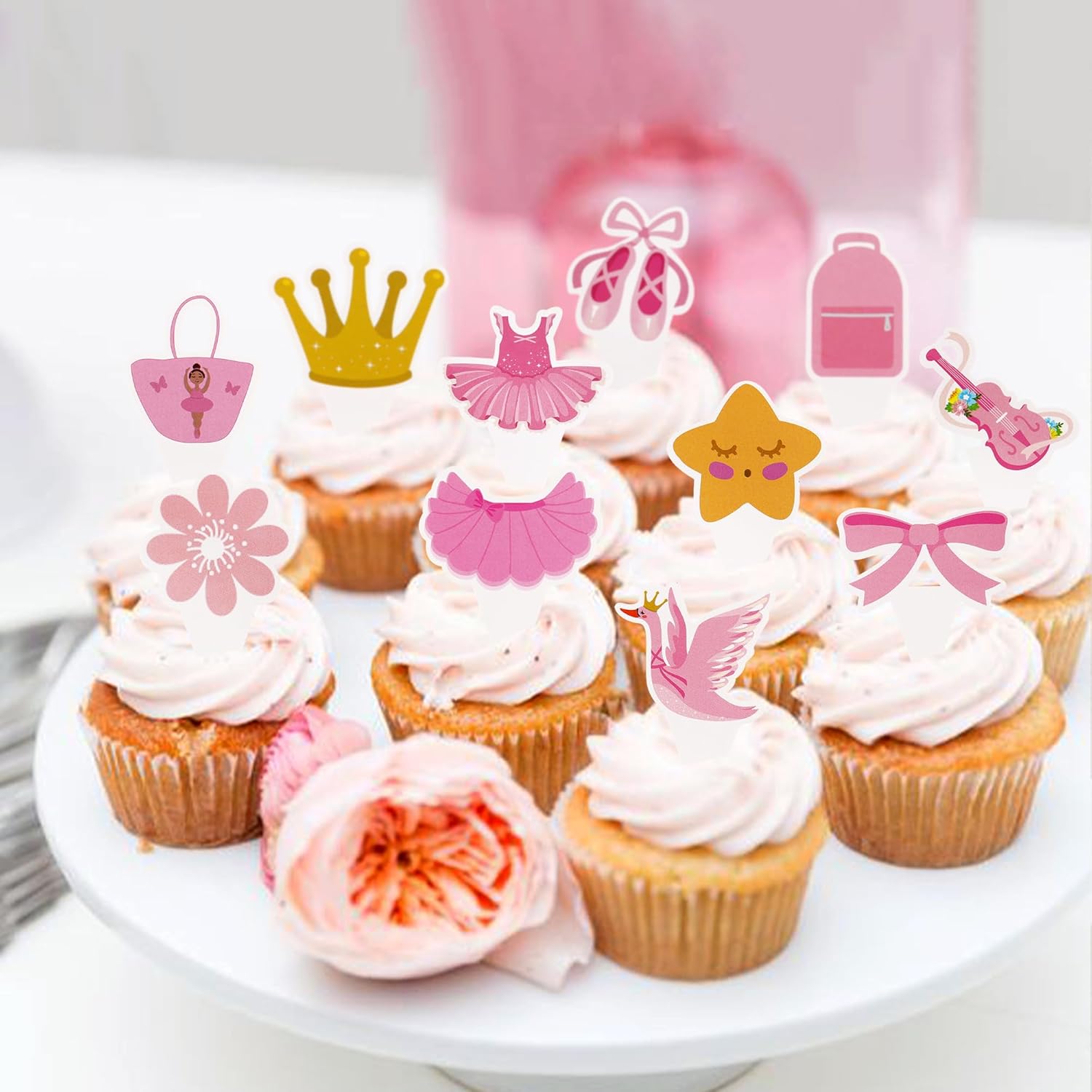 Ercadio Paquete de 24 decoraciones de tutú de bailarina para cupcakes, decoración de ballerina para niña, tutú de ballet, pantuflas para cupcakes