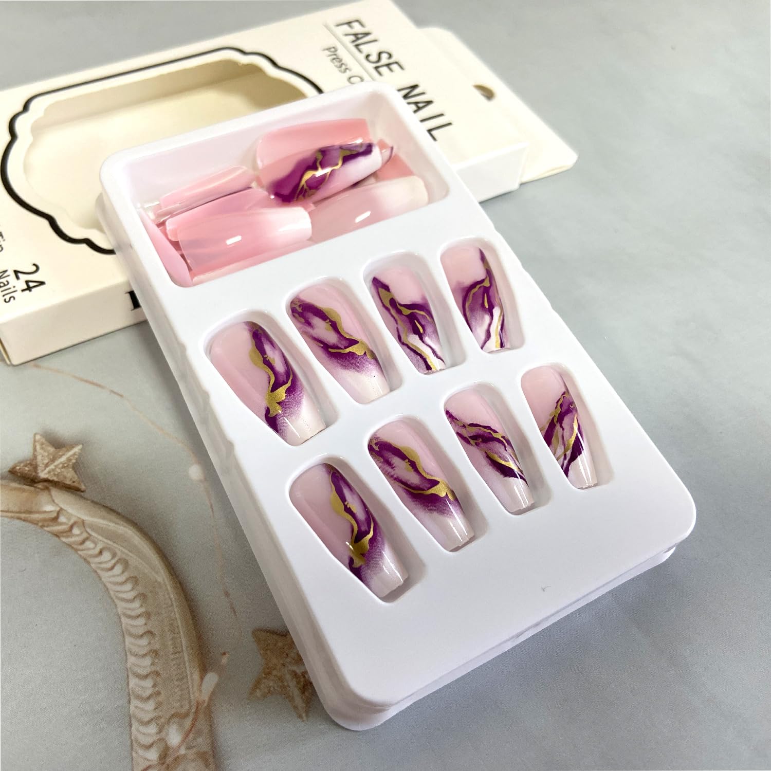 Uñas postizas a presión de mármol morado con lámina dorada, uñas postizas largas con degradado rosa, uñas postizas reutilizables con pegamento en