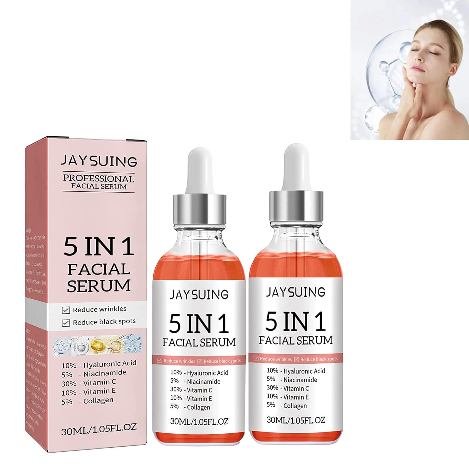 Suero facial 5 en 1, reduce las arrugas, suero corrector de manchas oscuras, suero facial con ácido hialurónico y niacinamida (2 unidades)