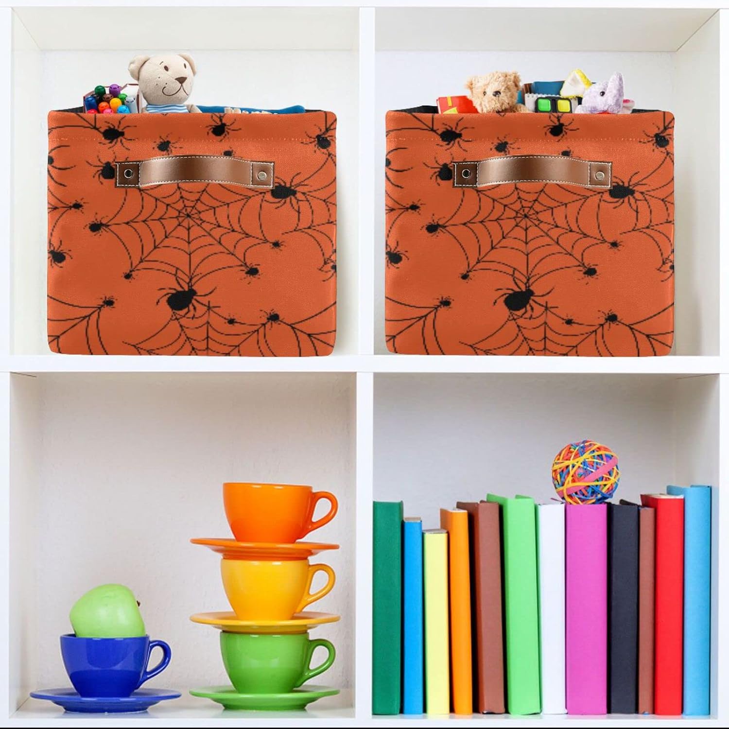 ALAZA Caja de almacenamiento plegable de tela de araña de Halloween, color naranja, cesta organizadora con asas para estantes, armario, sala de