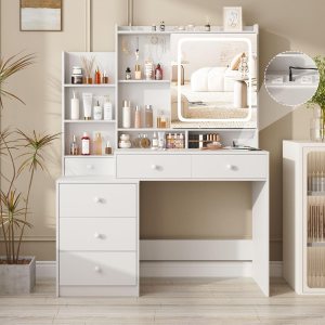 Tocador de maquillaje blanco con espejo LED y tira de alimentación, escritorio de tocador con muchos cajones y espejo que se puede abrir, mesa de Tocador de maquillaje blanco con espejo LED y tira de alimentación, escritorio de tocador con muchos cajones y espejo que se puede abrir, mesa de