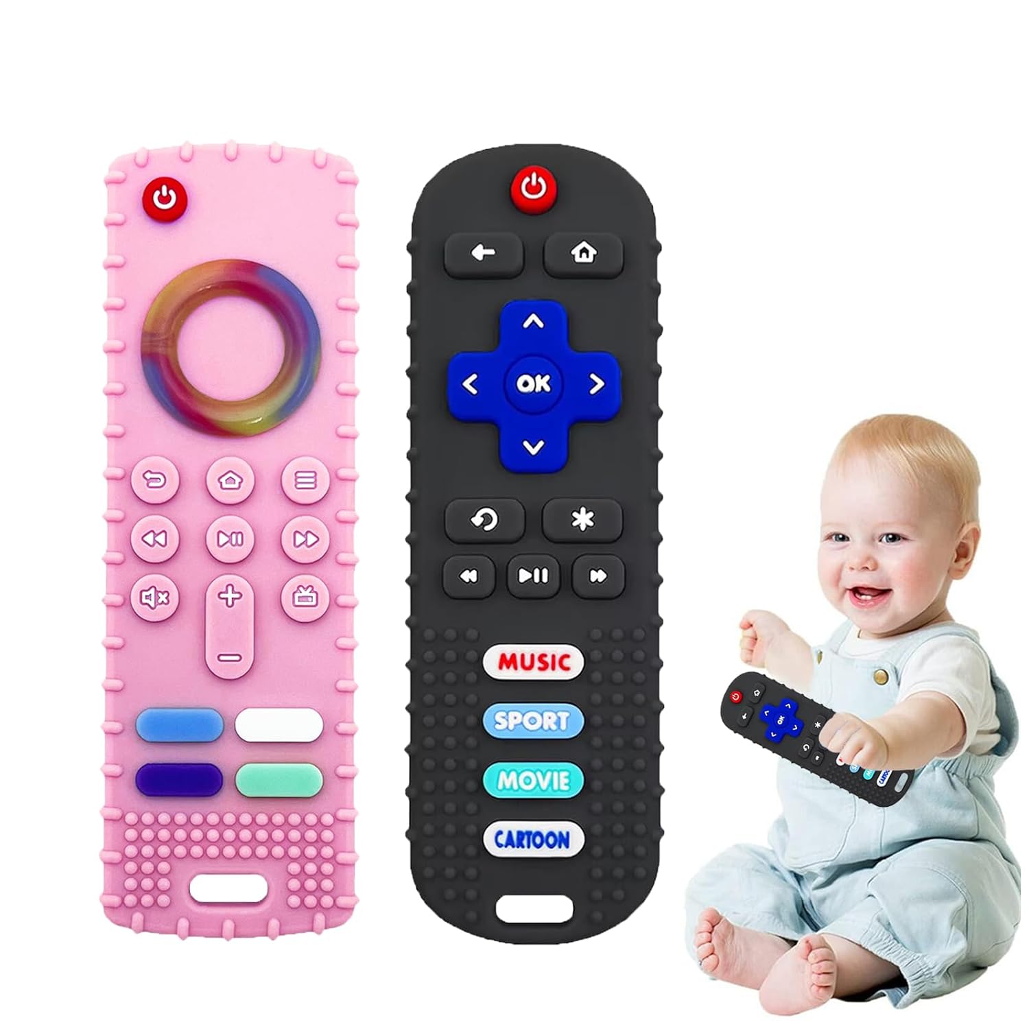 Juguetes de dentición para bebés, forma de control remoto de televisión, juguetes de dentición para bebés de 0 a 18 meses, sin BPA (negro + rosa)