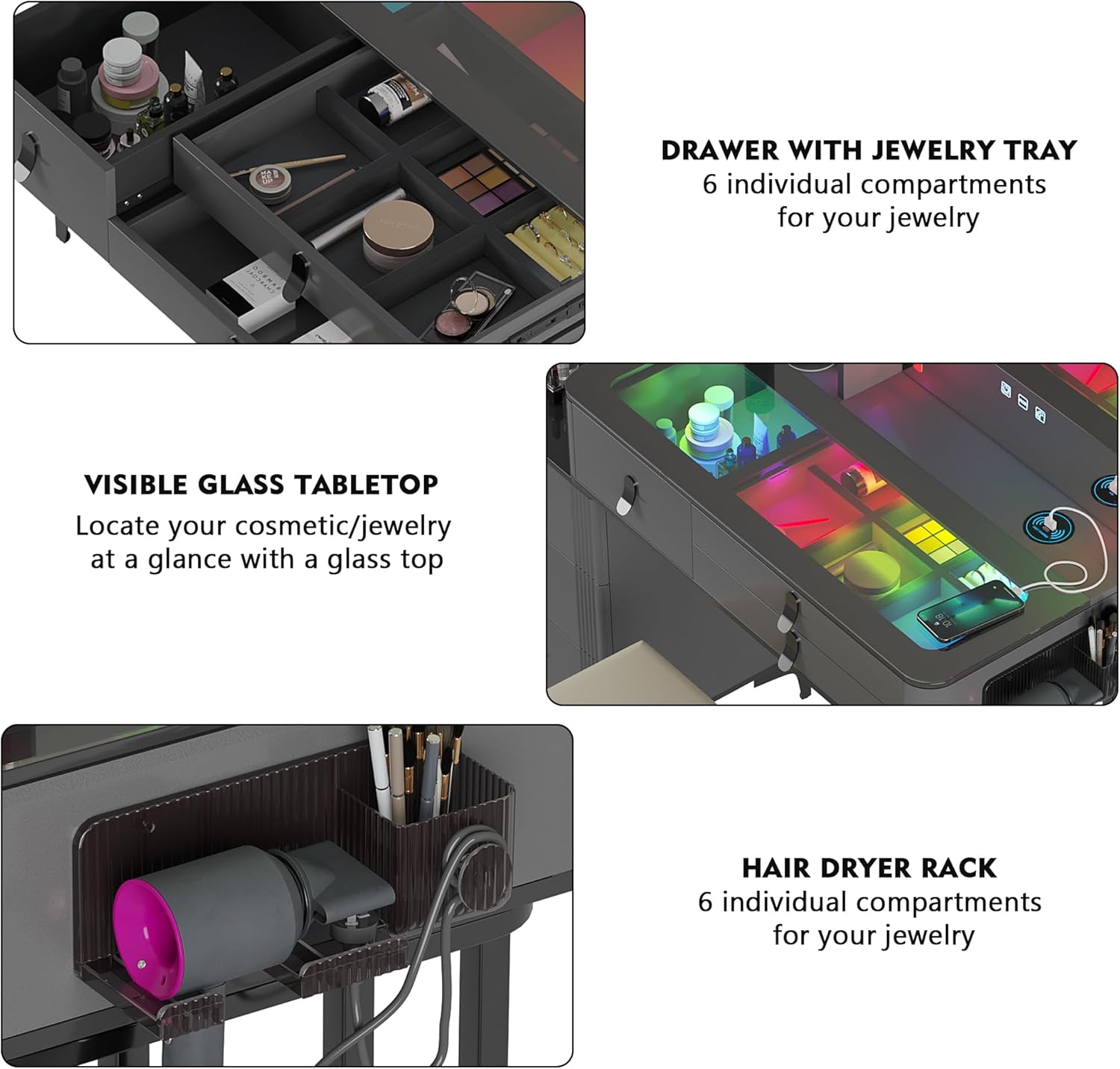 Escritorio de maquillaje RGB con espejo y luces, juego de mesa de tocador de 7 dinámicas y 7 estáticas regulables con estación de carga inalámbrica,