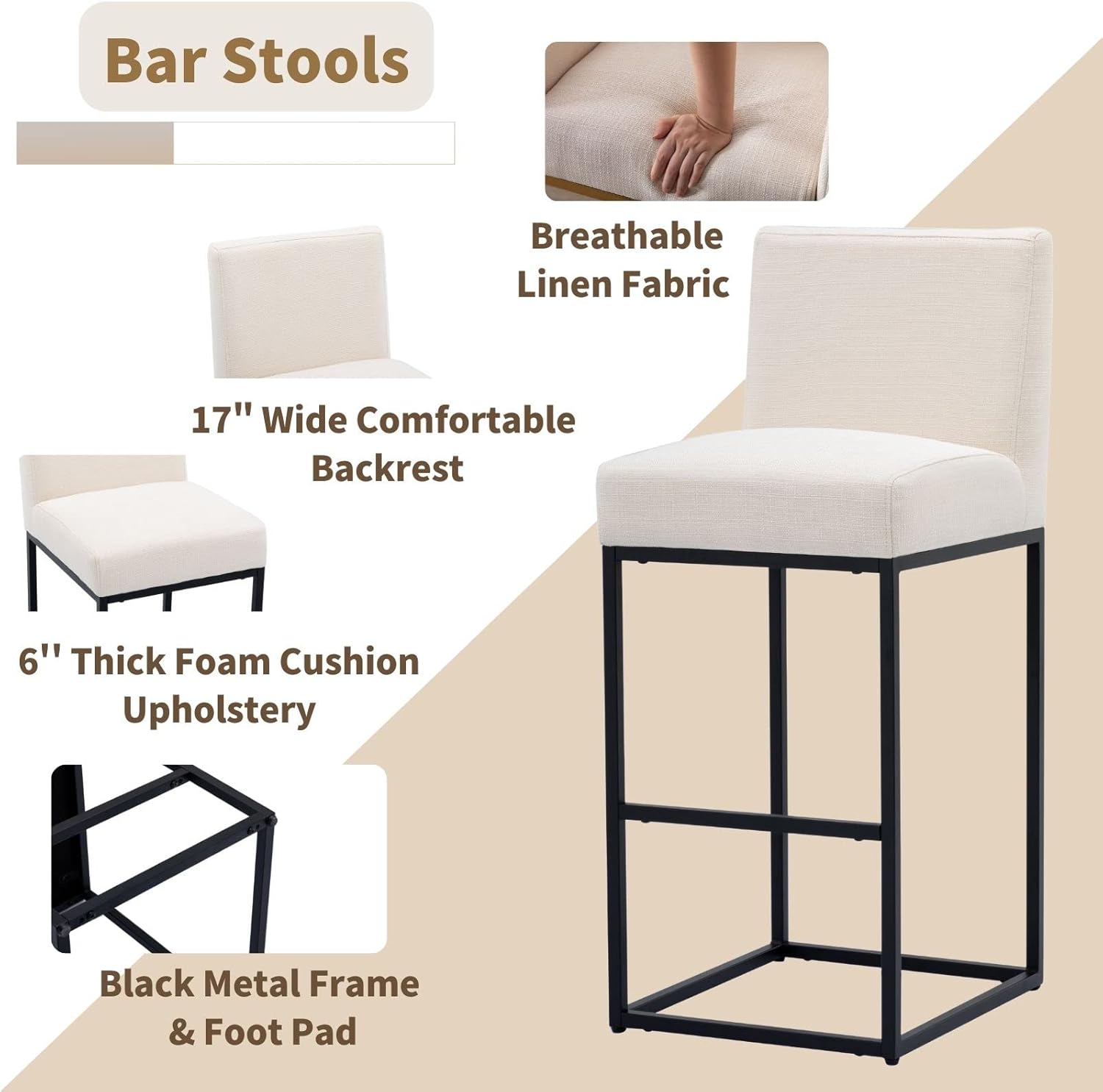Taburetes de bar modernos de altura de mostrador, taburetes de isla de cocina tapizados de lino con respaldo, taburetes de bar de 31 pulgadas con