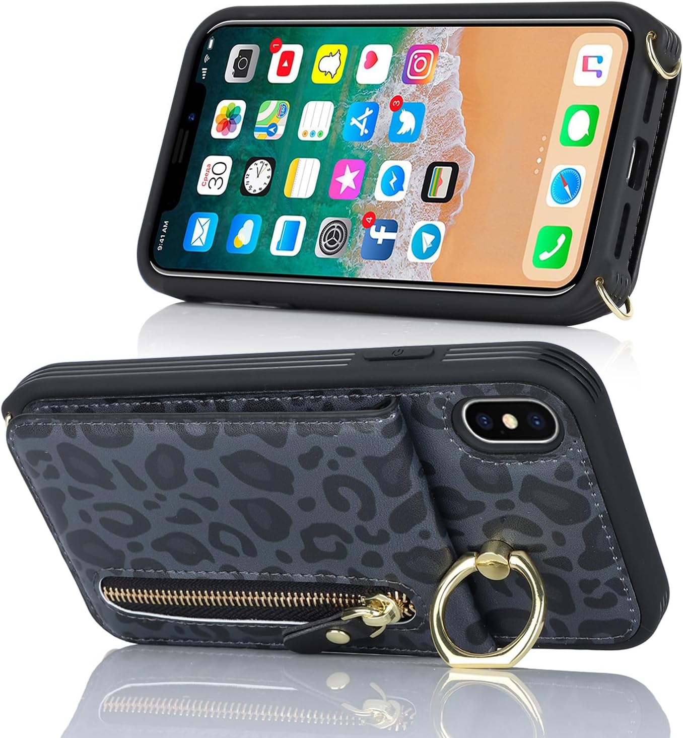 Funda para iPhone Xs Max con tarjetero para mujer, iPhone Xs Max con correa y ranuras para tarjetas de crédito, bandolera con cremallera y función