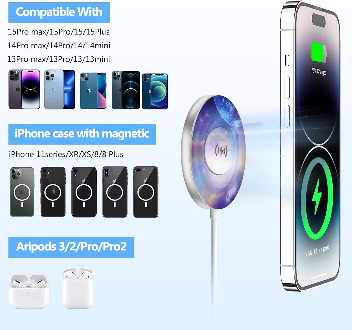 YUN CHUANG Cargador inalámbrico para teléfono celular, aleación de aluminio de carga rápida magnética de 15 W, giroscopio giratorioprotección de
