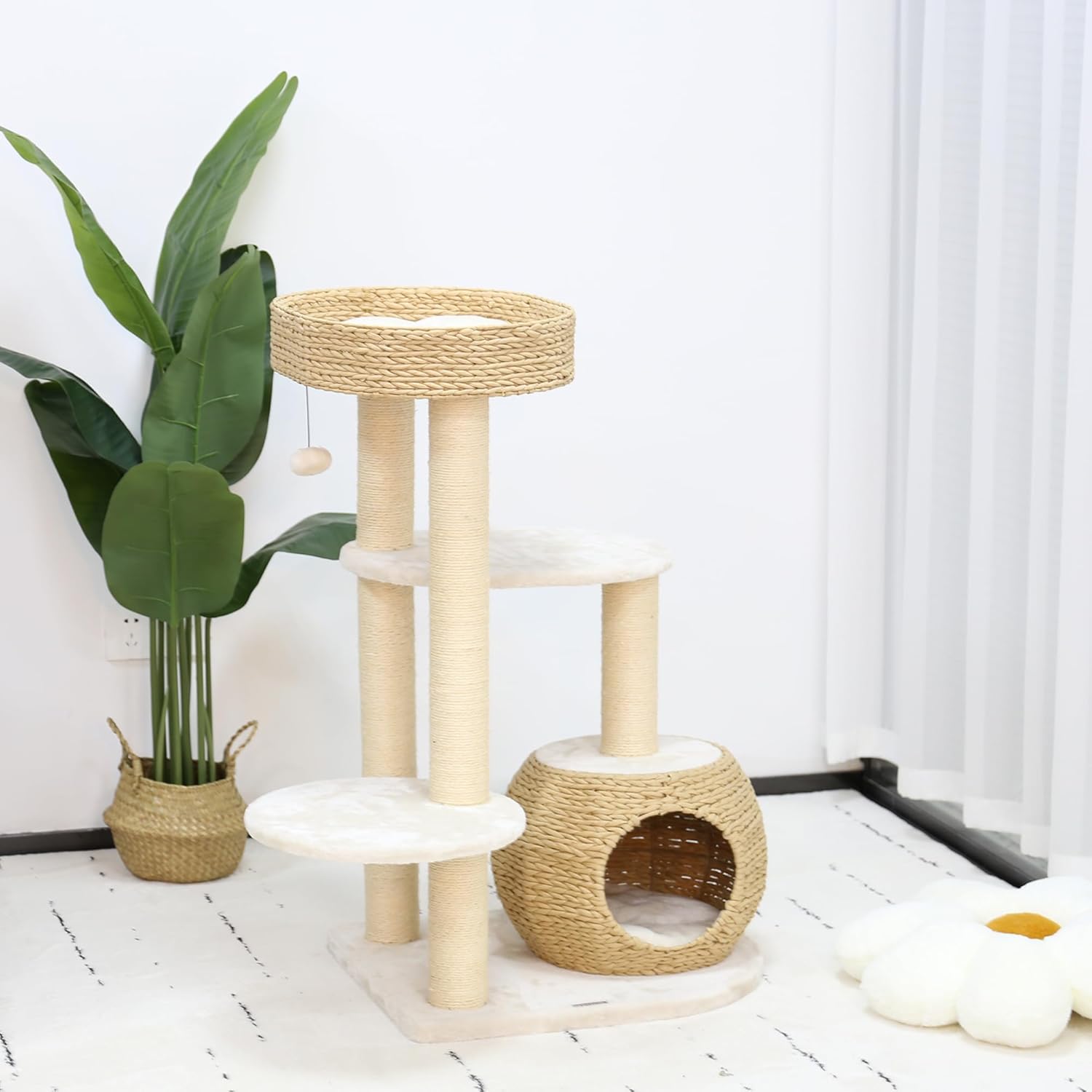 KAMABOKO Árbol moderno para gatos, árbol para gatos de interior con postes rascadores de sisal natural, condominio tejido a mano y percha superior,