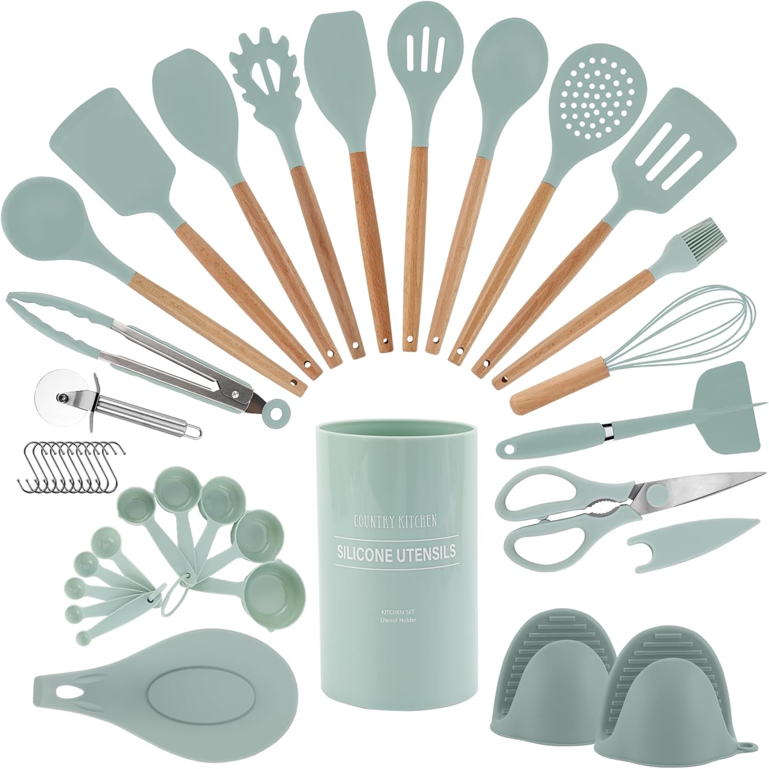Country Kitchen Juego de utensilios de cocina  Juego de 38 espátulas de silicona antiadherentes con soporte, asas de madera y utensilios resistentes