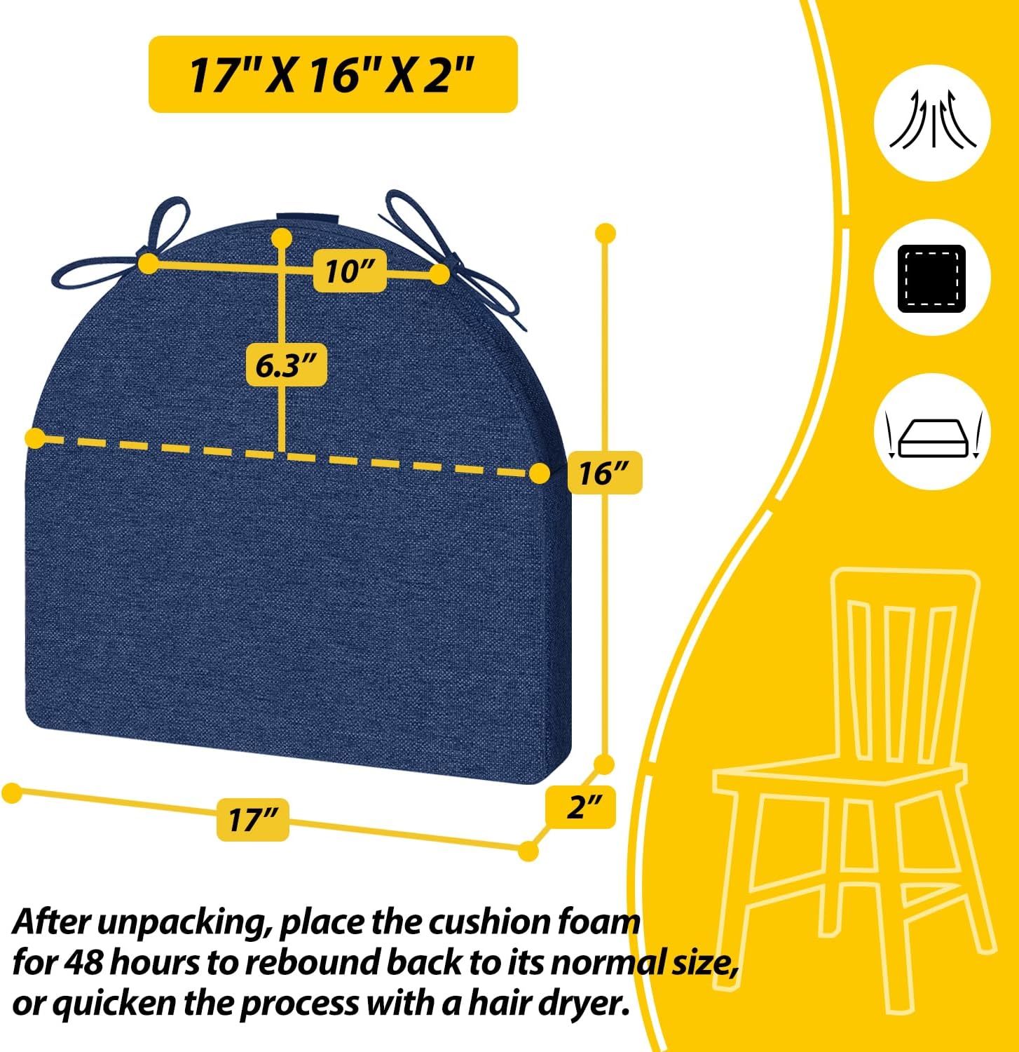 AAAAAcessories Cojines para sillas de comedor en forma de U con lazos y funda extraíble, cojines para sillas de cocina de comedor de 2 pulgadas de