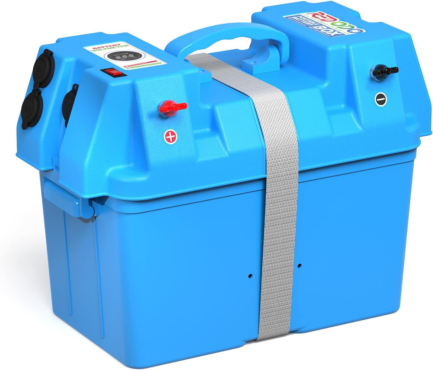 Redodo Caja de batería portátil, grupo 24-27 caja de batería de 12 V, corriente máxima de 60 A, voltímetro integrado, tomas de corriente continua y